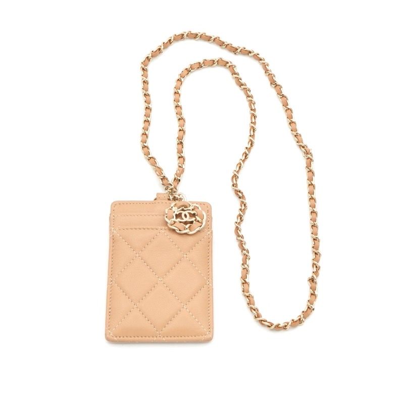 Chanel Card Case Card Holder Pass Case Lambskin Beige Gold Coco Mark Charm