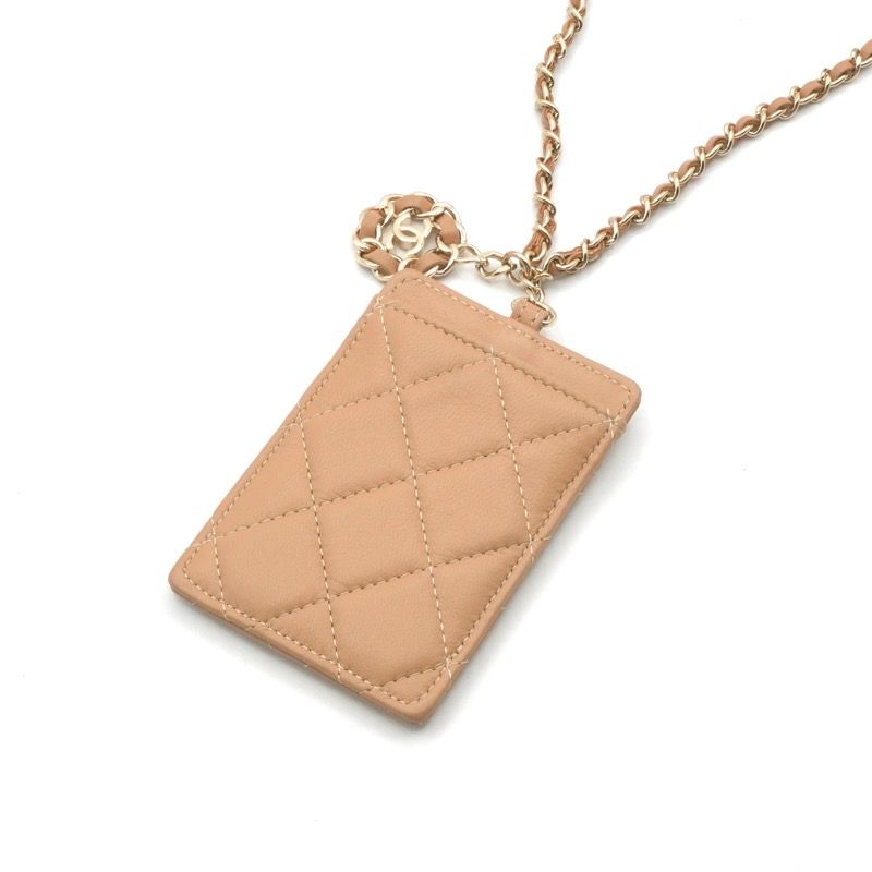 Chanel Card Case Card Holder Pass Case Lambskin Beige Gold Coco Mark Charm