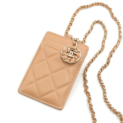 Chanel Card Case Card Holder Pass Case Lambskin Beige Gold Coco Mark Charm