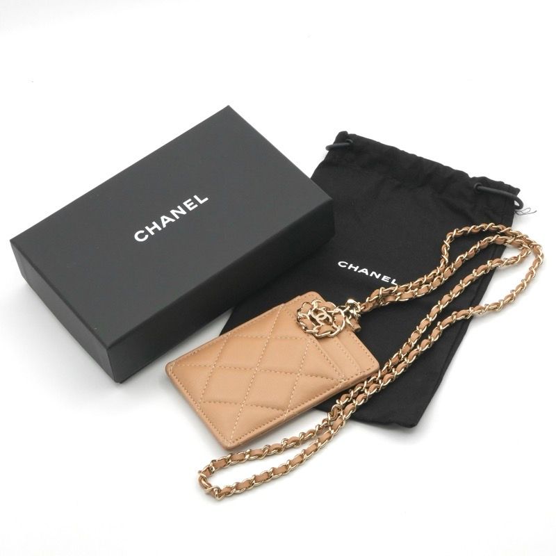 Chanel Card Case Card Holder Pass Case Lambskin Beige Gold Coco Mark Charm