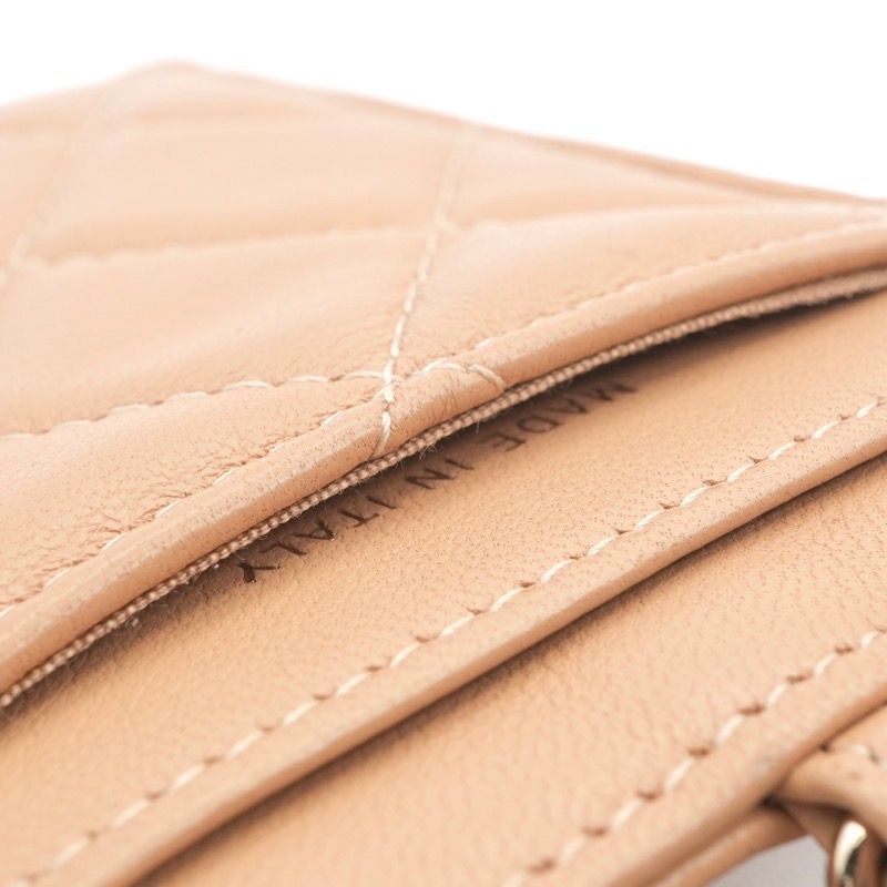 Chanel Card Case Card Holder Pass Case Lambskin Beige Gold Coco Mark Charm