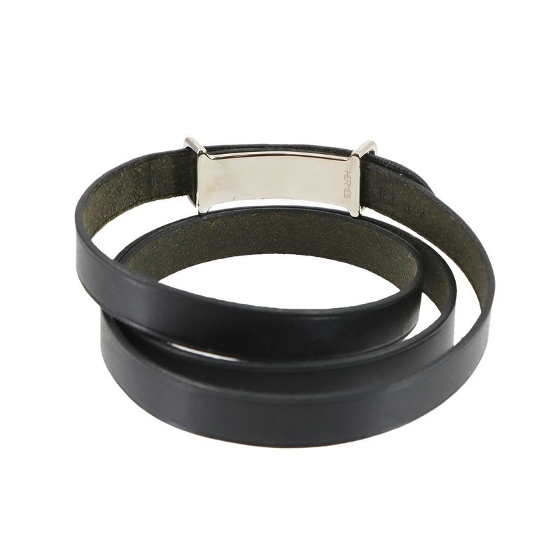 Hermes Hapi Double Tour Bracelet Leather Black Silver Hardware Accessories