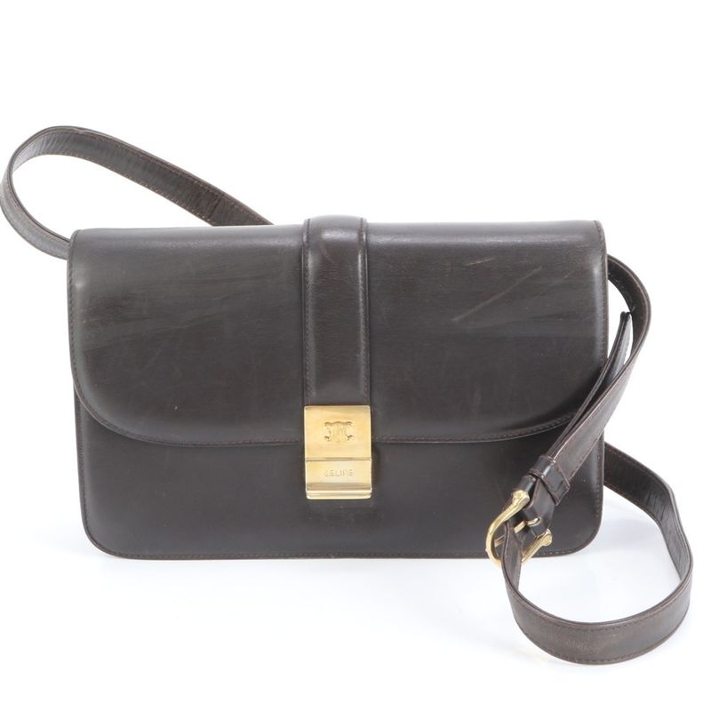 Celine Triomphe Hardware Leather Shoulder Bag Crossbody Brown Genuine Leather
