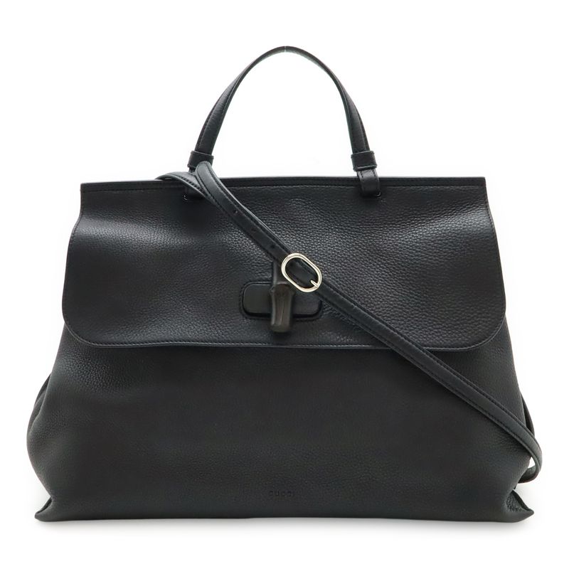 Gucci Bamboo Daily Leather Top Handle Bag Handbag 2WAY Shoulder Bag Black