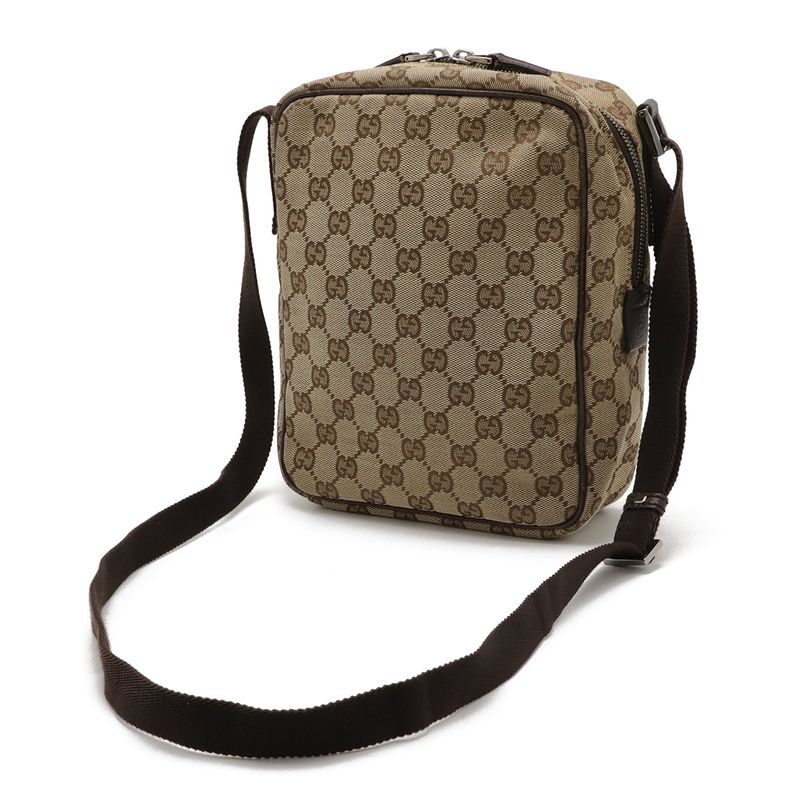 Gucci GG Canvas Shoulder Bag Pochette Crossbody Leather Khaki Beige Dark Brown