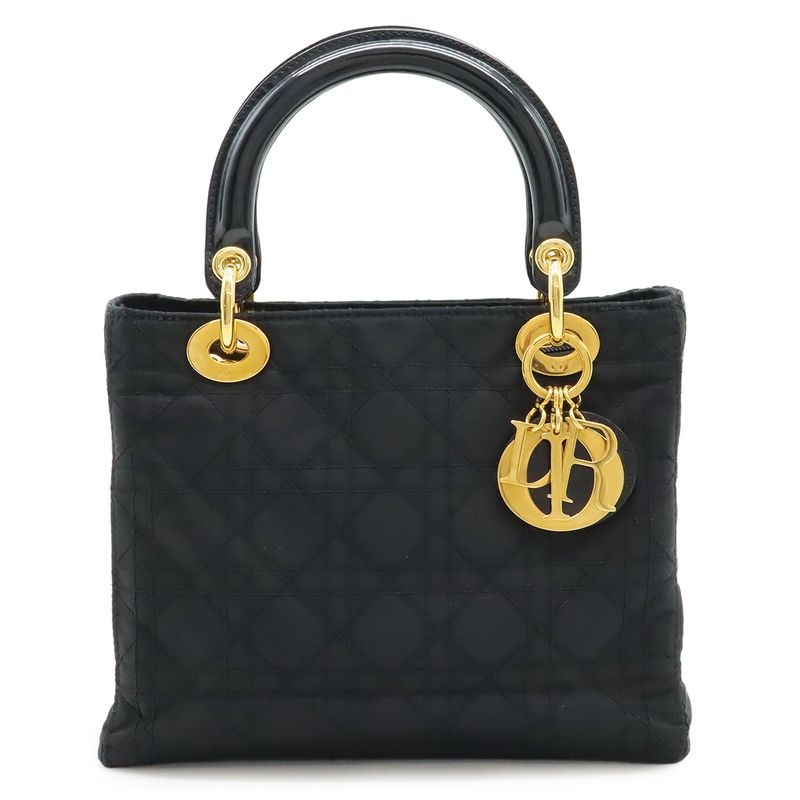 Christian DIOR Lady Dior Cannage Handbag Tote Bag Mini Bag Nylon Black Gold