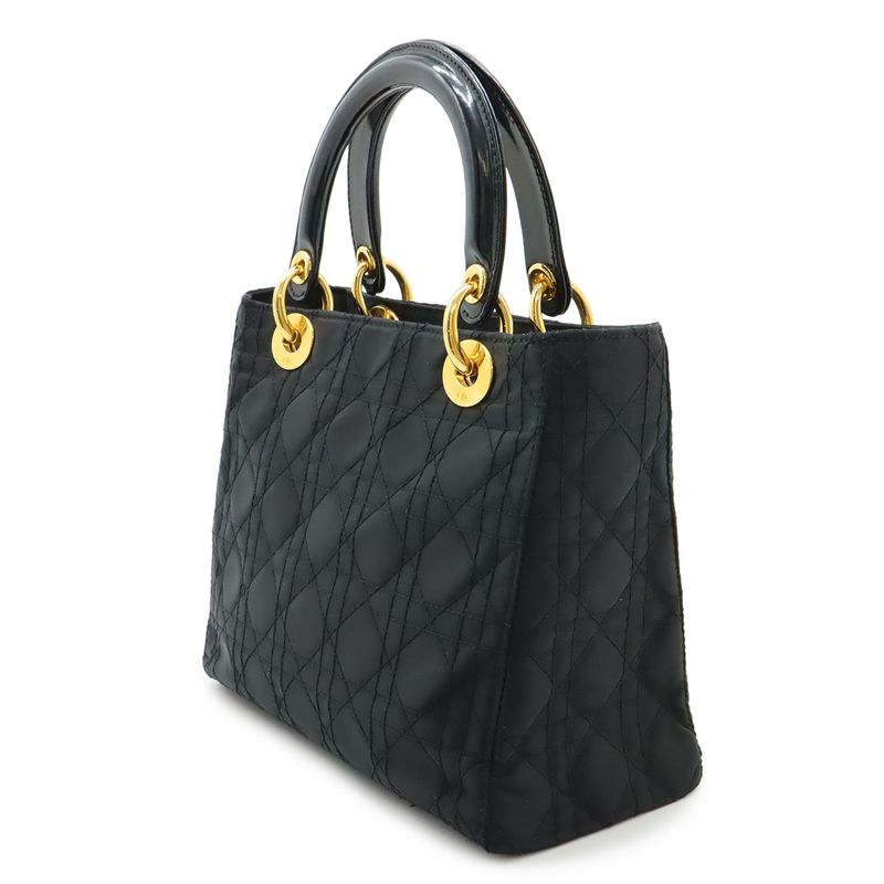 Christian DIOR Lady Dior Cannage Handbag Tote Bag Mini Bag Nylon Black Gold
