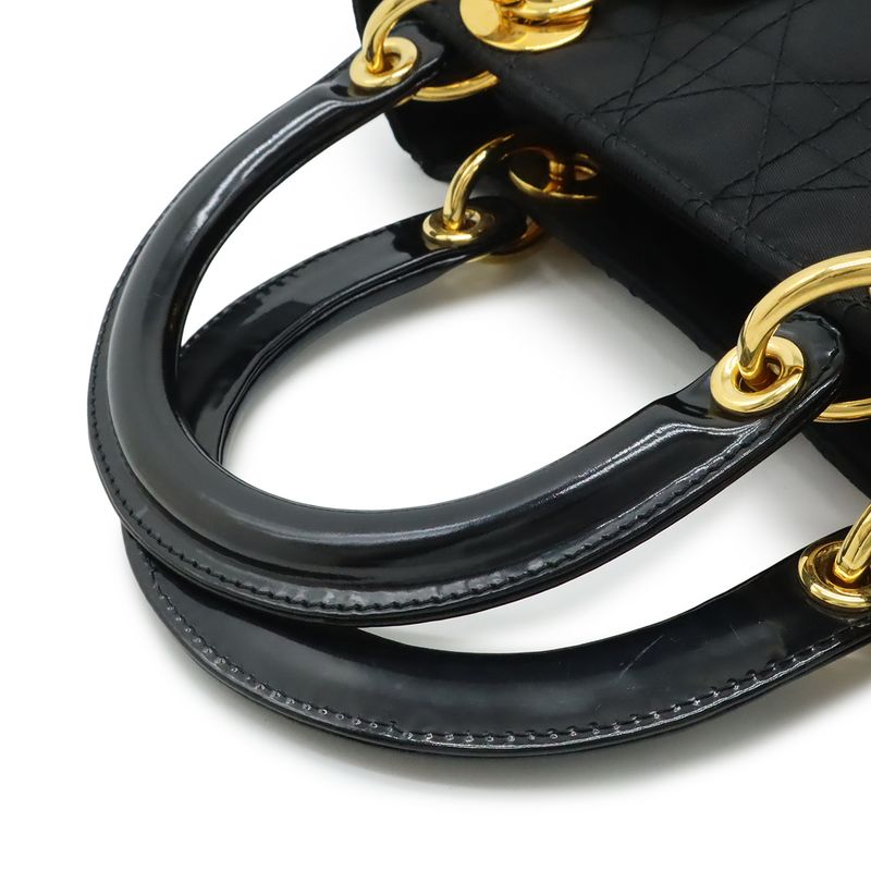 Christian DIOR Lady Dior Cannage Handbag Tote Bag Mini Bag Nylon Black Gold