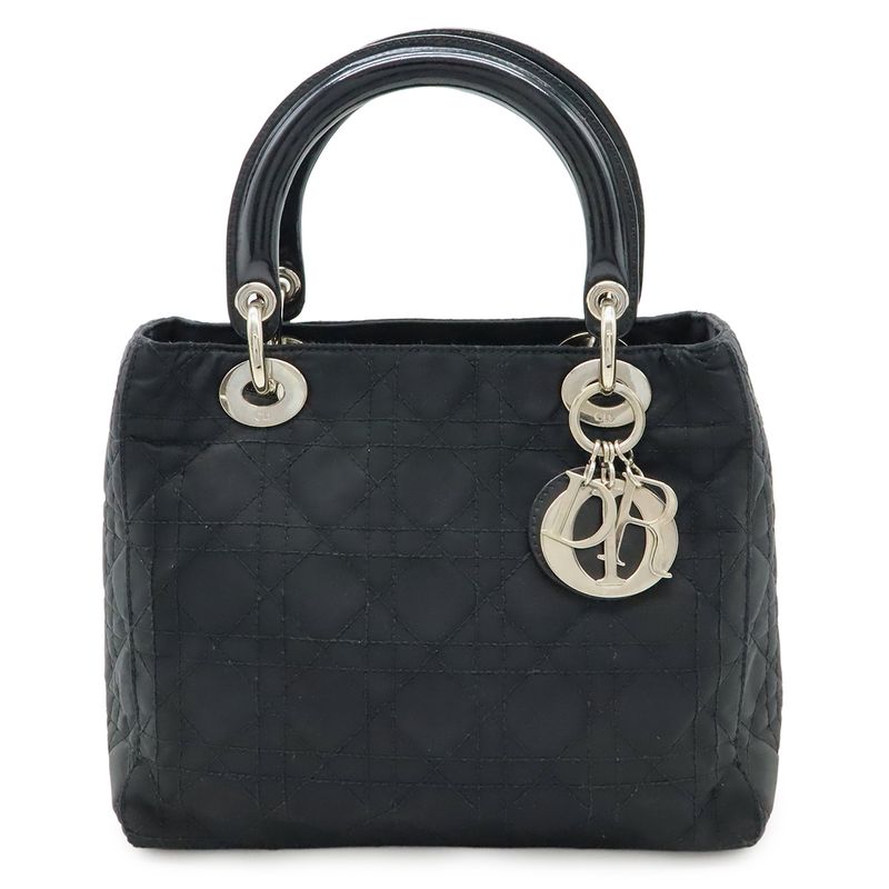 Christian DIOR Lady Dior Cannage Handbag Tote Bag Mini Bag Nylon Black Silver
