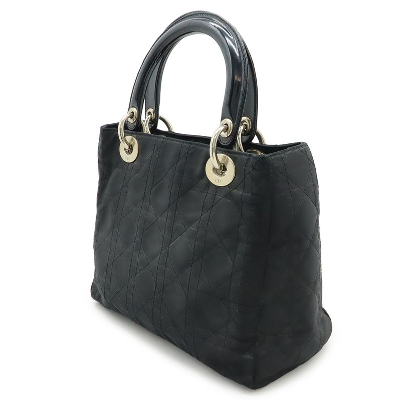 Christian DIOR Lady Dior Cannage Handbag Tote Bag Mini Bag Nylon Black Silver