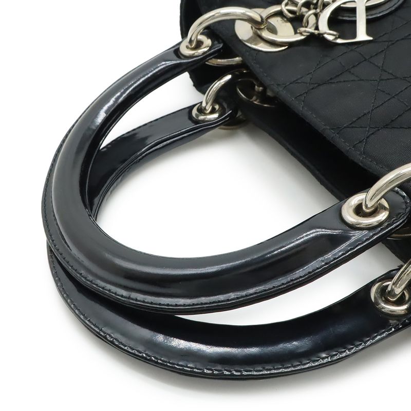 Christian DIOR Lady Dior Cannage Handbag Tote Bag Mini Bag Nylon Black Silver