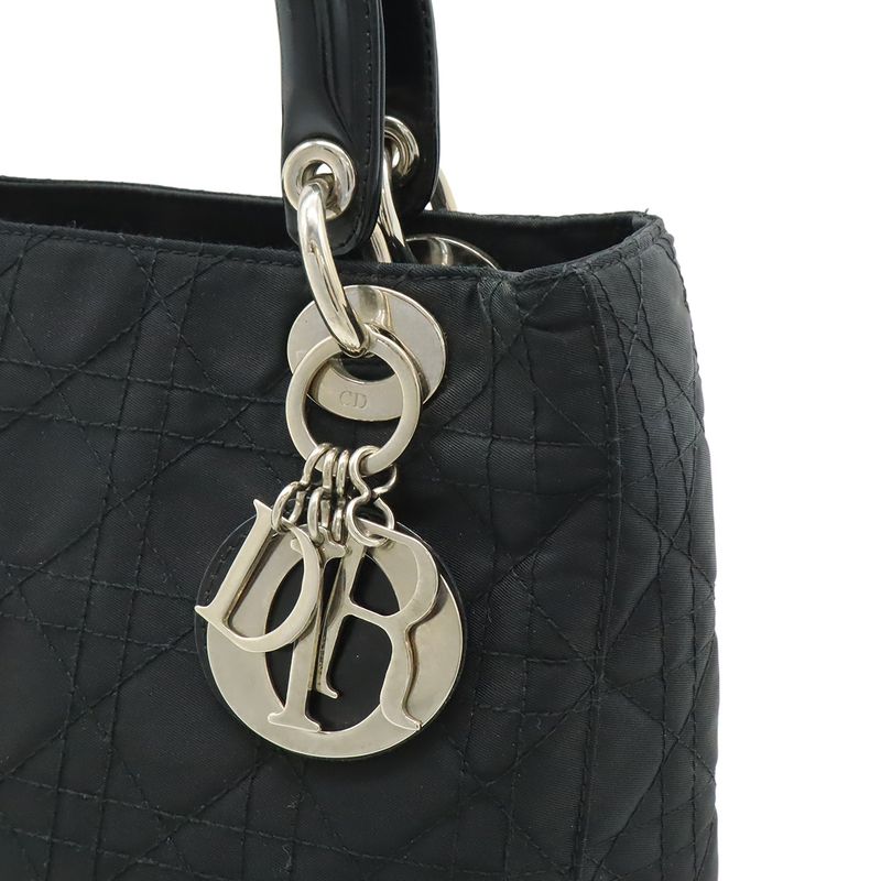 Christian DIOR Lady Dior Cannage Handbag Tote Bag Mini Bag Nylon Black Silver