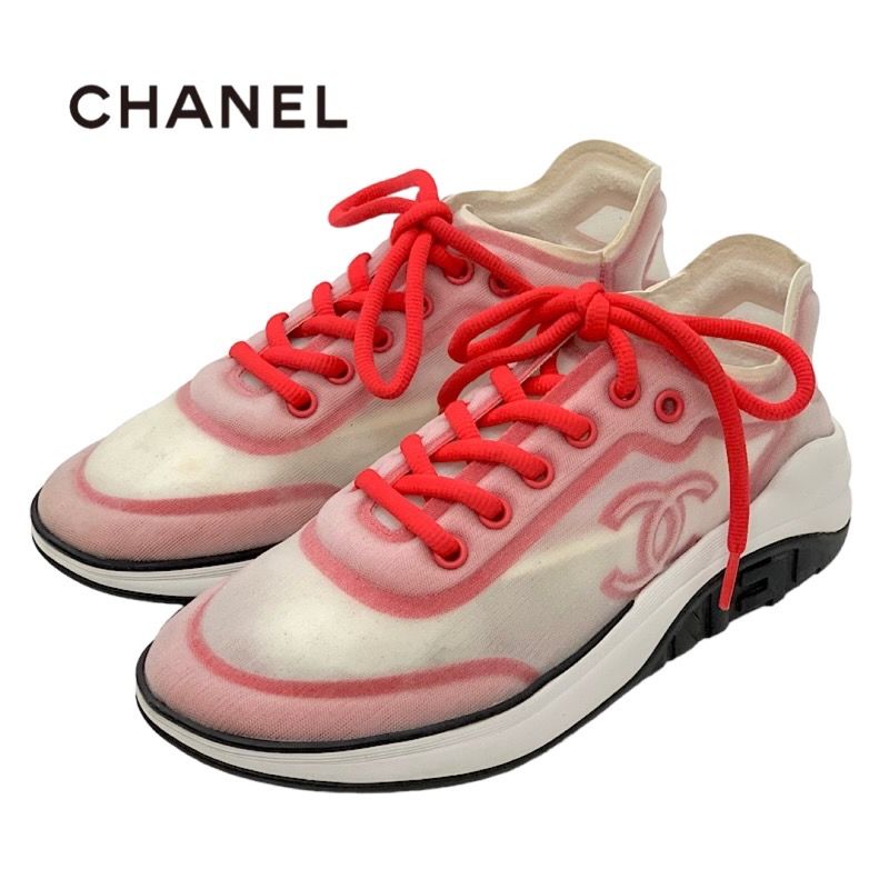 Chanel Sneakers Shoes Fabric Red White Mesh Here Mark