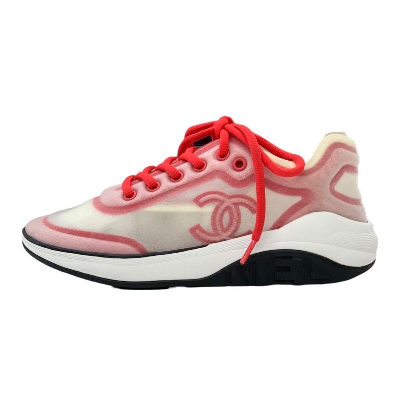 Chanel Sneakers Shoes Fabric Red White Mesh Here Mark