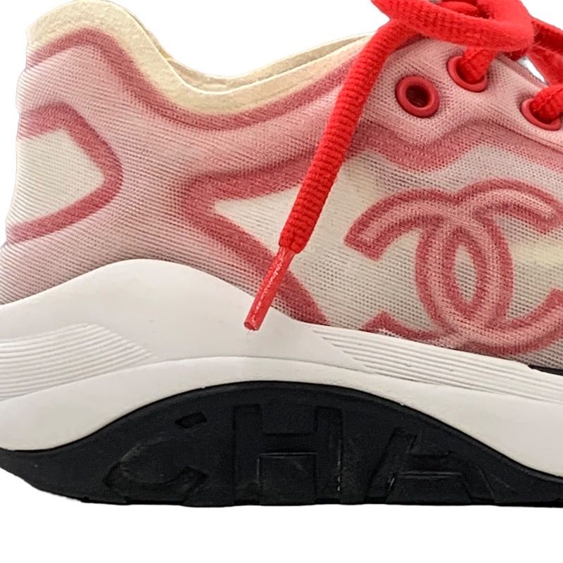 Chanel Sneakers Shoes Fabric Red White Mesh Here Mark