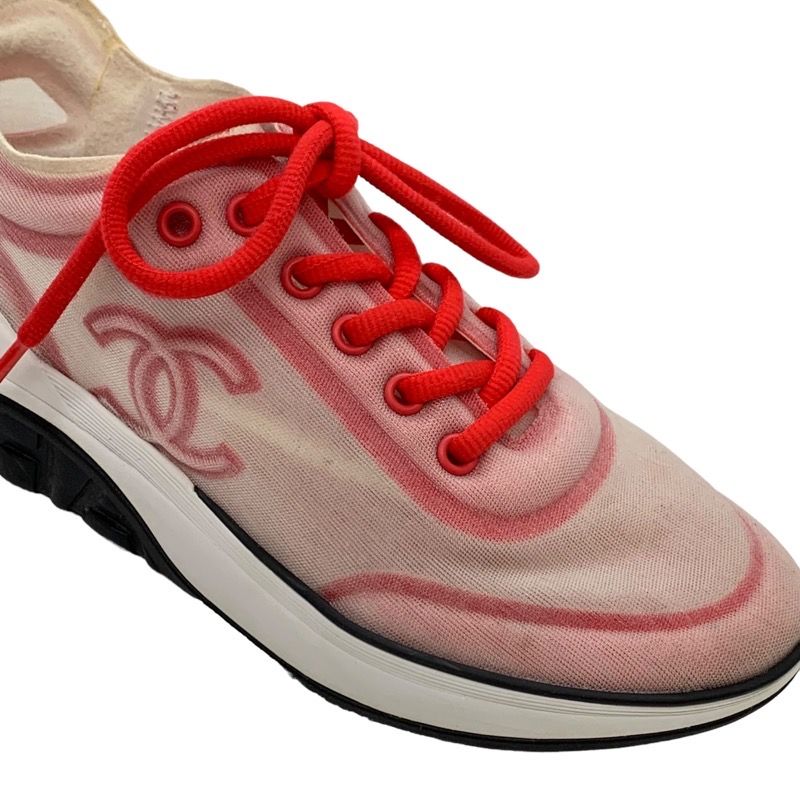 Chanel Sneakers Shoes Fabric Red White Mesh Here Mark