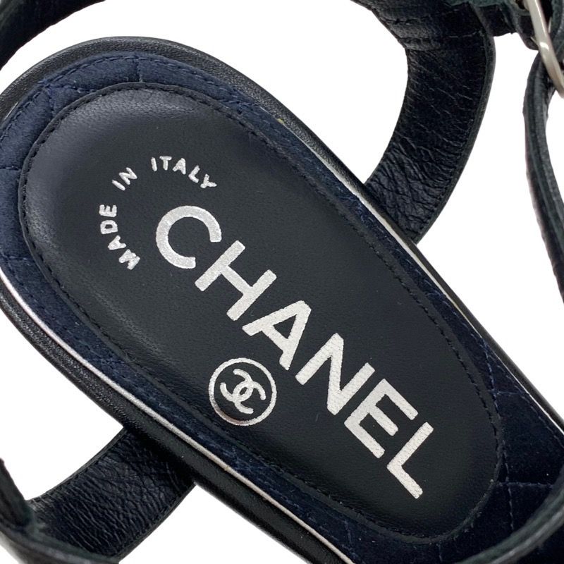 Chanel Sandals Shoes Leather Black Coco Mark Rhinestone