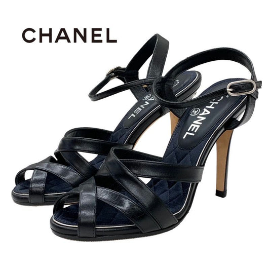 Chanel Sandals Shoes Leather Black Coco Mark Rhinestone