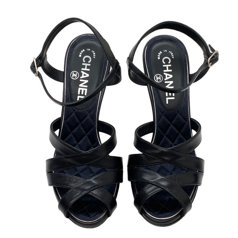 Chanel Sandals Shoes Leather Black Coco Mark Rhinestone