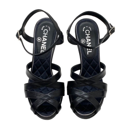 Chanel Sandals Shoes Leather Black Coco Mark Rhinestone