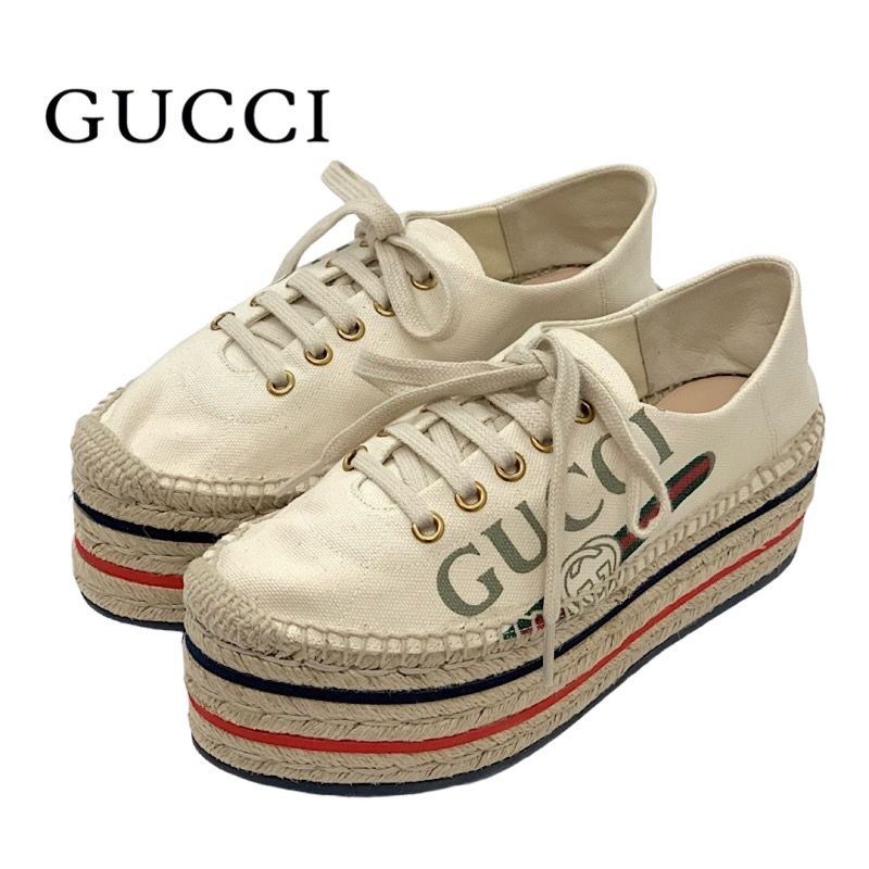 Gucci Sneakers Shoes Canvas Ivory Red Blue Unused Logo Espadrilles Platform