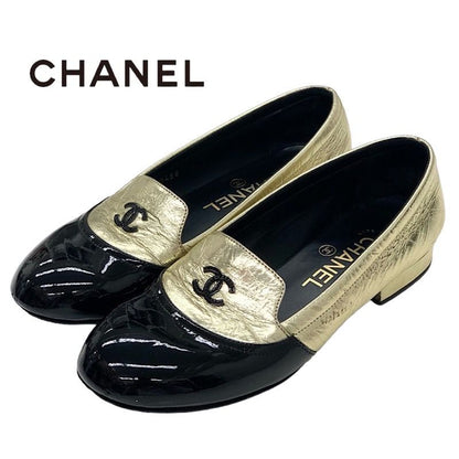 Chanel Loafer Leather Shoes Heremark Leather Patent Gold Black