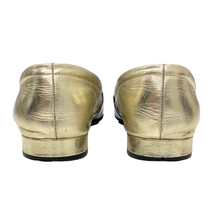 Chanel Loafer Leather Shoes Heremark Leather Patent Gold Black