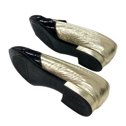 Chanel Loafer Leather Shoes Heremark Leather Patent Gold Black