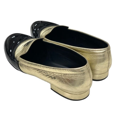 Chanel Loafer Leather Shoes Heremark Leather Patent Gold Black