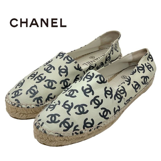 Chanel Flat Shoes Leather Ivory Black Coco Mark Espadrilles Slip-ons