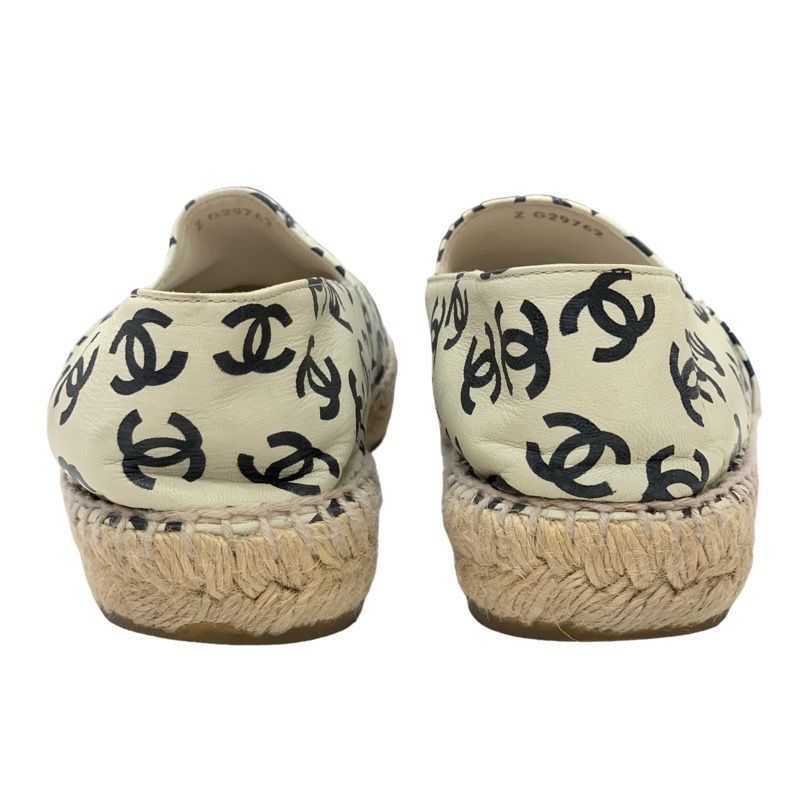 Chanel Flat Shoes Leather Ivory Black Coco Mark Espadrilles Slip-ons