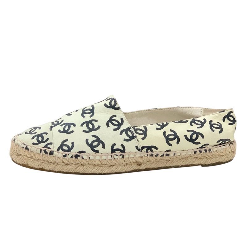 Chanel Flat Shoes Leather Ivory Black Coco Mark Espadrilles Slip-ons