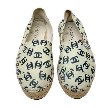 Chanel Flat Shoes Leather Ivory Black Coco Mark Espadrilles Slip-ons