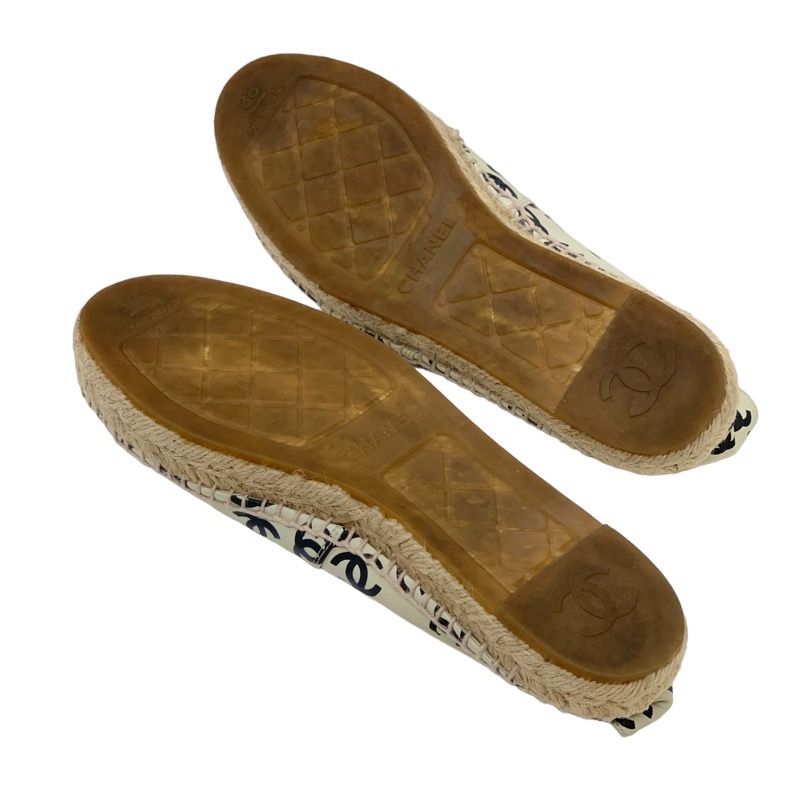 Chanel Flat Shoes Leather Ivory Black Coco Mark Espadrilles Slip-ons