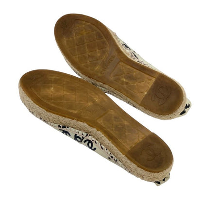 Chanel Flat Shoes Leather Ivory Black Coco Mark Espadrilles Slip-ons