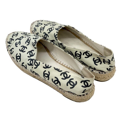 Chanel Flat Shoes Leather Ivory Black Coco Mark Espadrilles Slip-ons