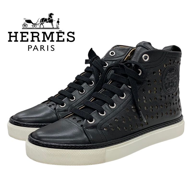 Hermes Jimmy Sneakers Shoes Leather Black Punching High Cut Sneakers