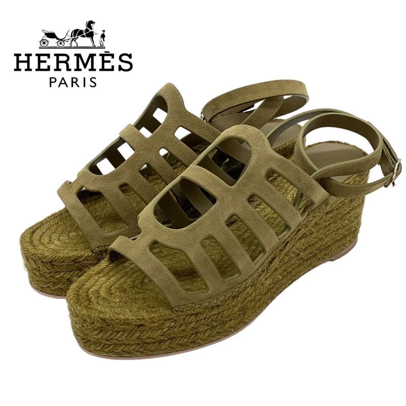 Hermes Catalia Sandals Shoes Suede Khaki Unused Espadrilles Wedge Sole