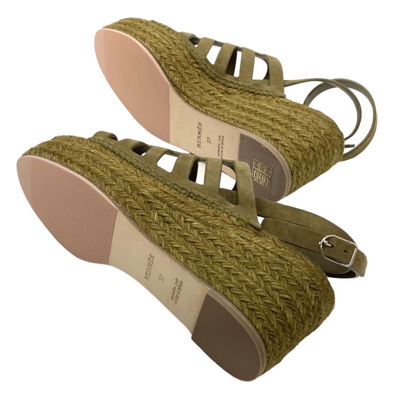 Hermes Catalia Sandals Shoes Suede Khaki Unused Espadrilles Wedge Sole
