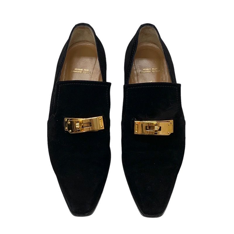 Hermes Loafers Leather Shoes Suede Black Gold Kelly Hardware Flat Shoes