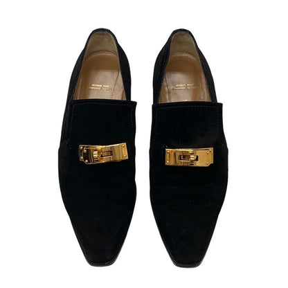 Hermes Loafers Leather Shoes Suede Black Gold Kelly Hardware Flat Shoes