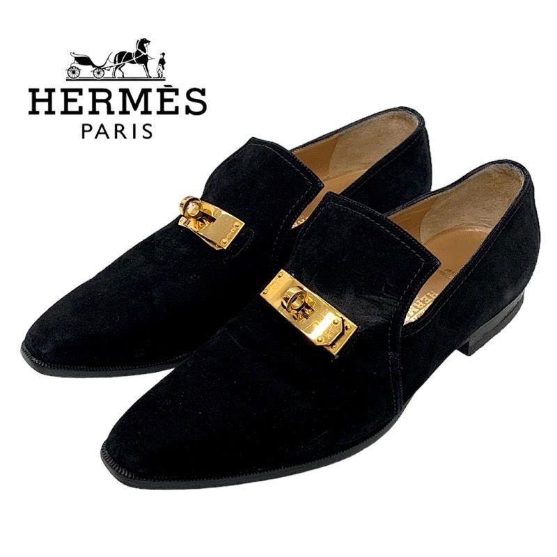 Hermes Loafers Leather Shoes Suede Black Gold Kelly Hardware Flat Shoes