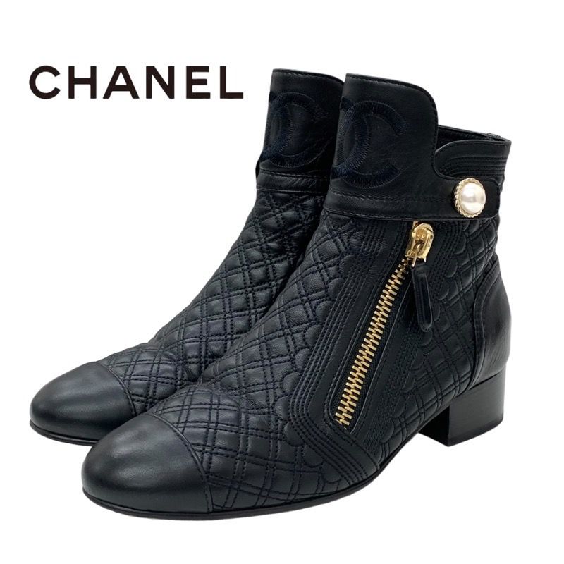 Chanel Boots Short Boots Shoes Here Mark Pearl Quilting Leather Black
