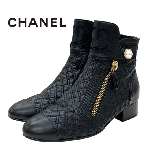 Chanel Boots Short Boots Shoes Here Mark Pearl Quilting Leather Black