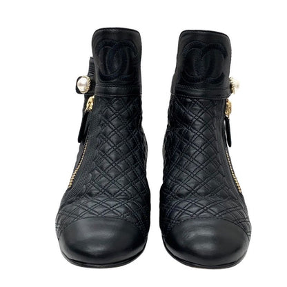 Chanel Boots Short Boots Shoes Here Mark Pearl Quilting Leather Black