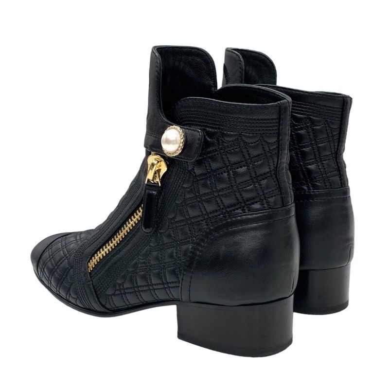 Chanel Boots Short Boots Shoes Here Mark Pearl Quilting Leather Black