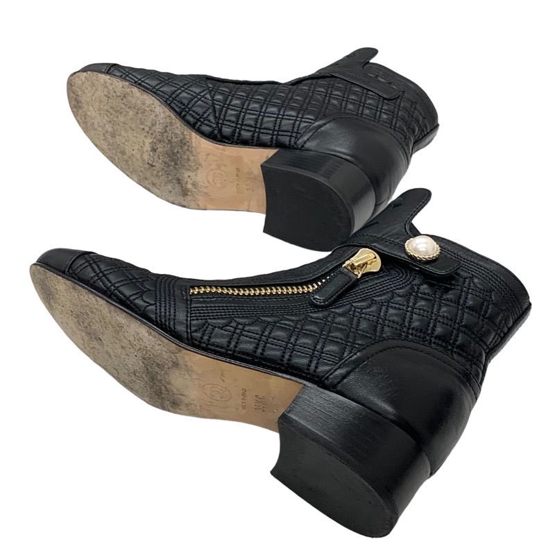Chanel Boots Short Boots Shoes Here Mark Pearl Quilting Leather Black