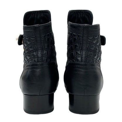 Chanel Boots Short Boots Shoes Here Mark Pearl Quilting Leather Black