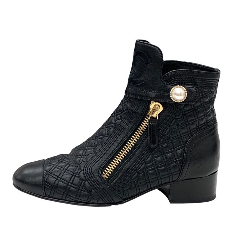 Chanel Boots Short Boots Shoes Here Mark Pearl Quilting Leather Black