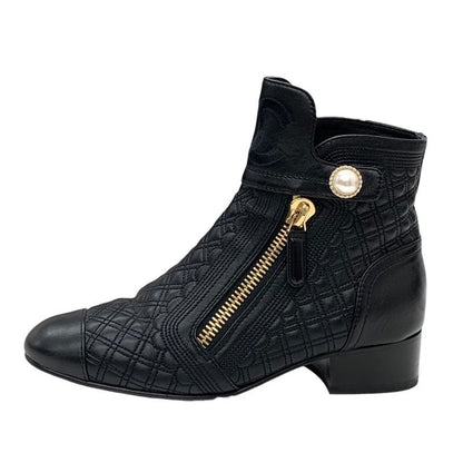 Chanel Boots Short Boots Shoes Here Mark Pearl Quilting Leather Black